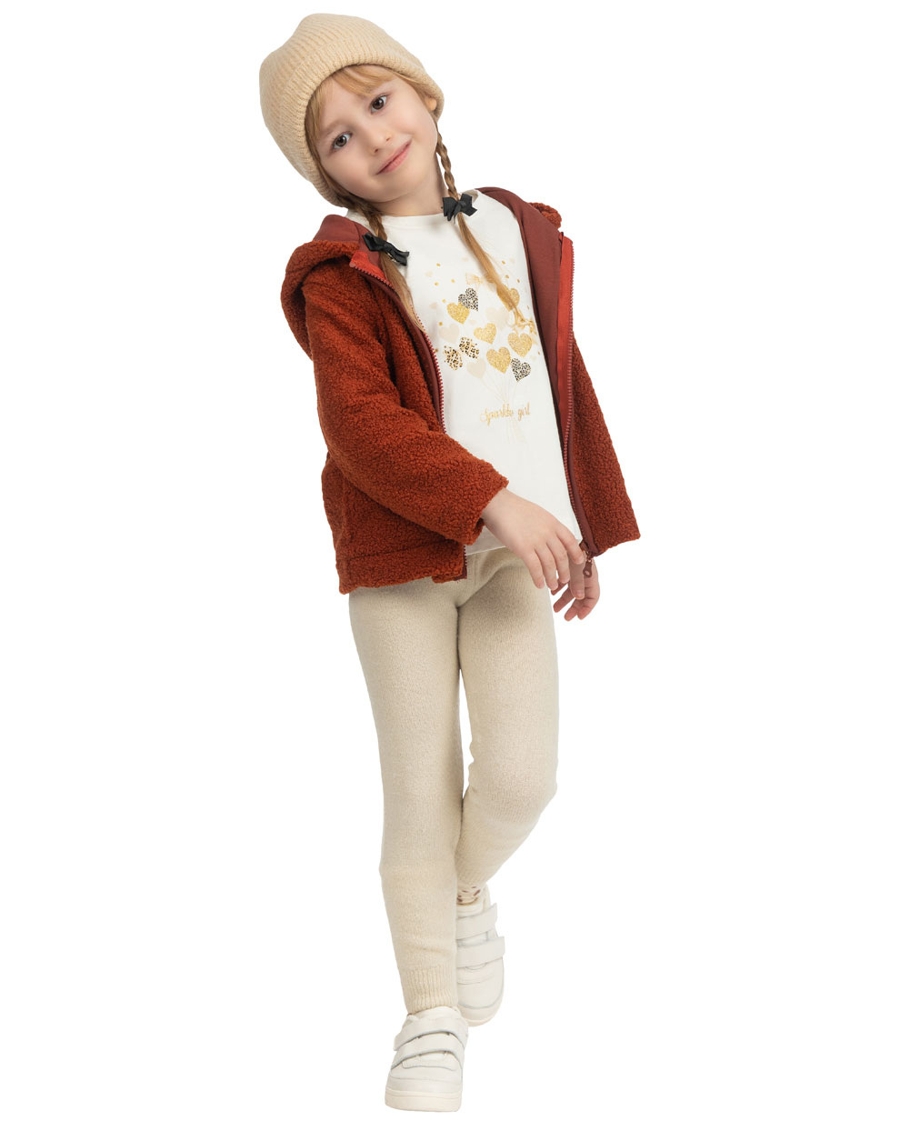 Πλεκτό μονόχρωμο παντελόνι με κορδόνι για κορίτσι - Εκρού 15-122350-2 φωτογραφία