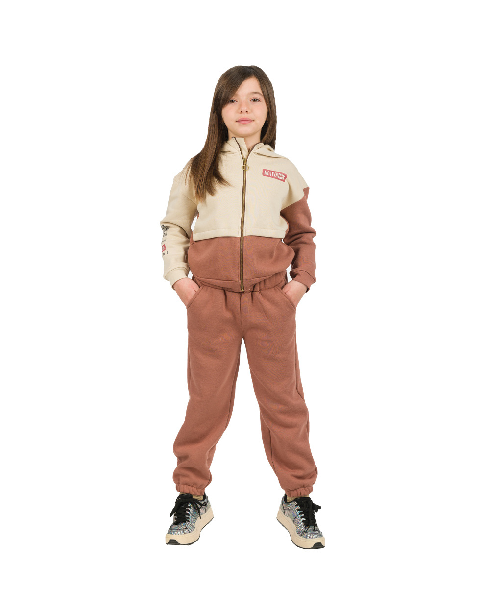 Φόρμα φούτερ δίχρωμη σετ με ζακέτα με κουκούλα και τύπωμα για κορίτσι - ΜΟΚΑ 16-123235-0 φωτογραφία