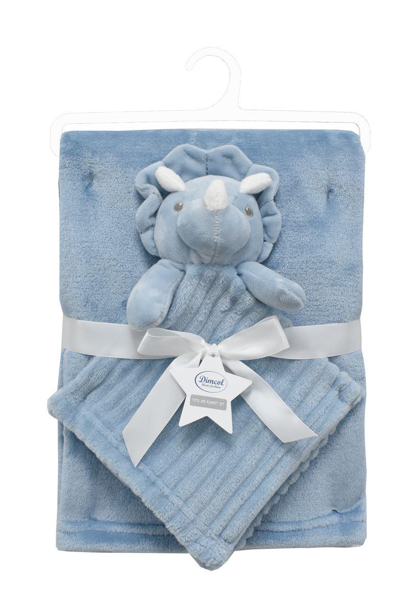 DimCol Σετ Κουβέρτα Fleece Αγκαλιάς-Λίκνου 75x100εκ. Με Νάνι-Πανάκι Παρηγοριάς 33x33εκ. Dinosaur 04 Sky Blue Dimcol