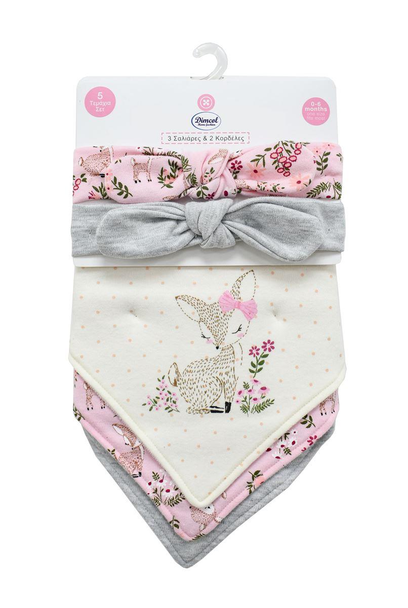 DimCol Σετ 5τμχ Σαλιάρες Μπαντάνα Interlock Και Κορδέλες Polycotton Deer 25 Pink Dimcol 31310702002